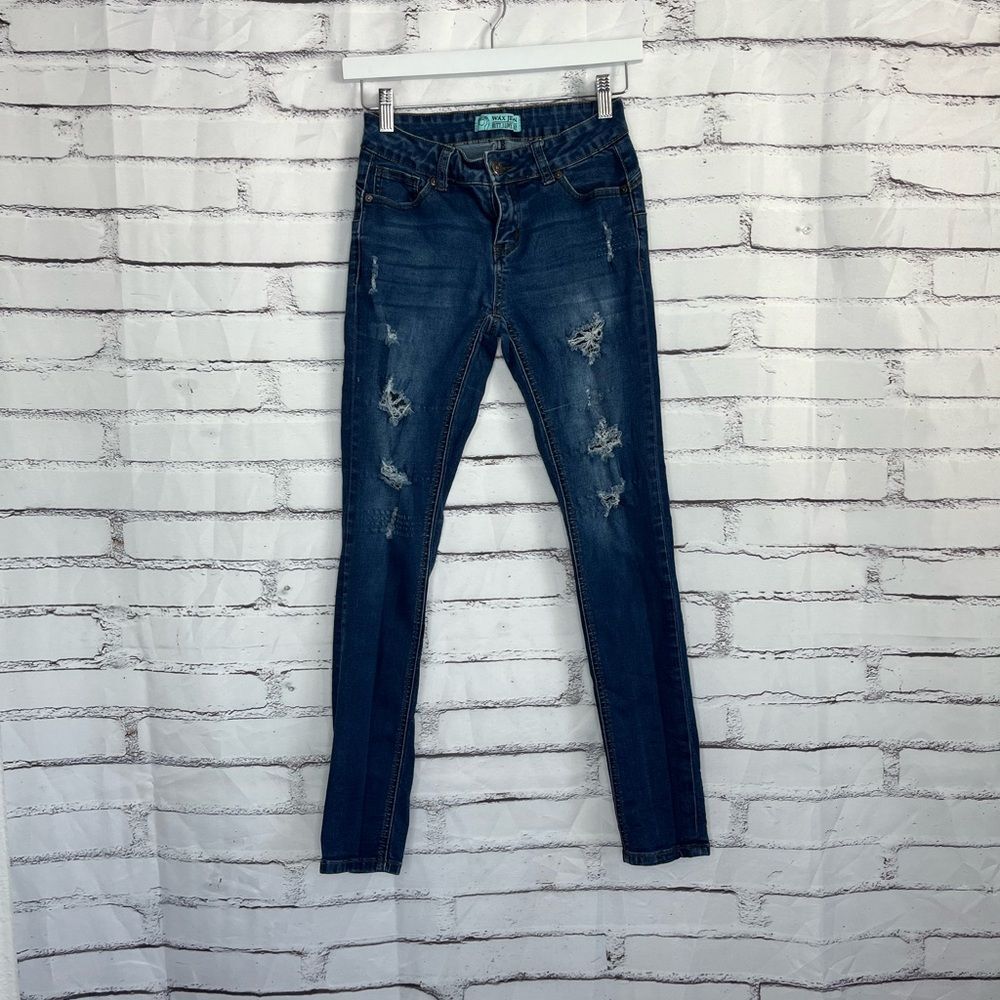 Wax Jean “Butt, I Love You” Distressed Skinny Jeans Dark Wash Women’s 3 Low Rise